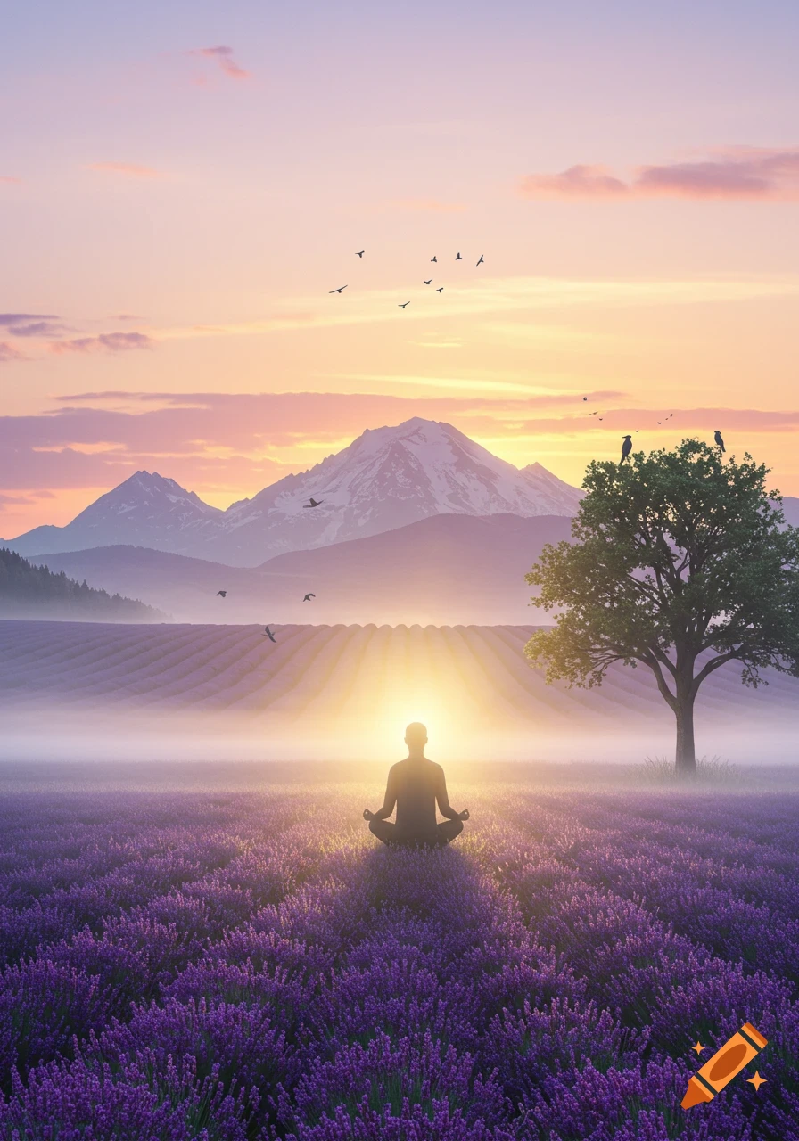 Silhouette of a person meditating in a vast lavender field at sunrise, with mountains, a tree, and birds flying.