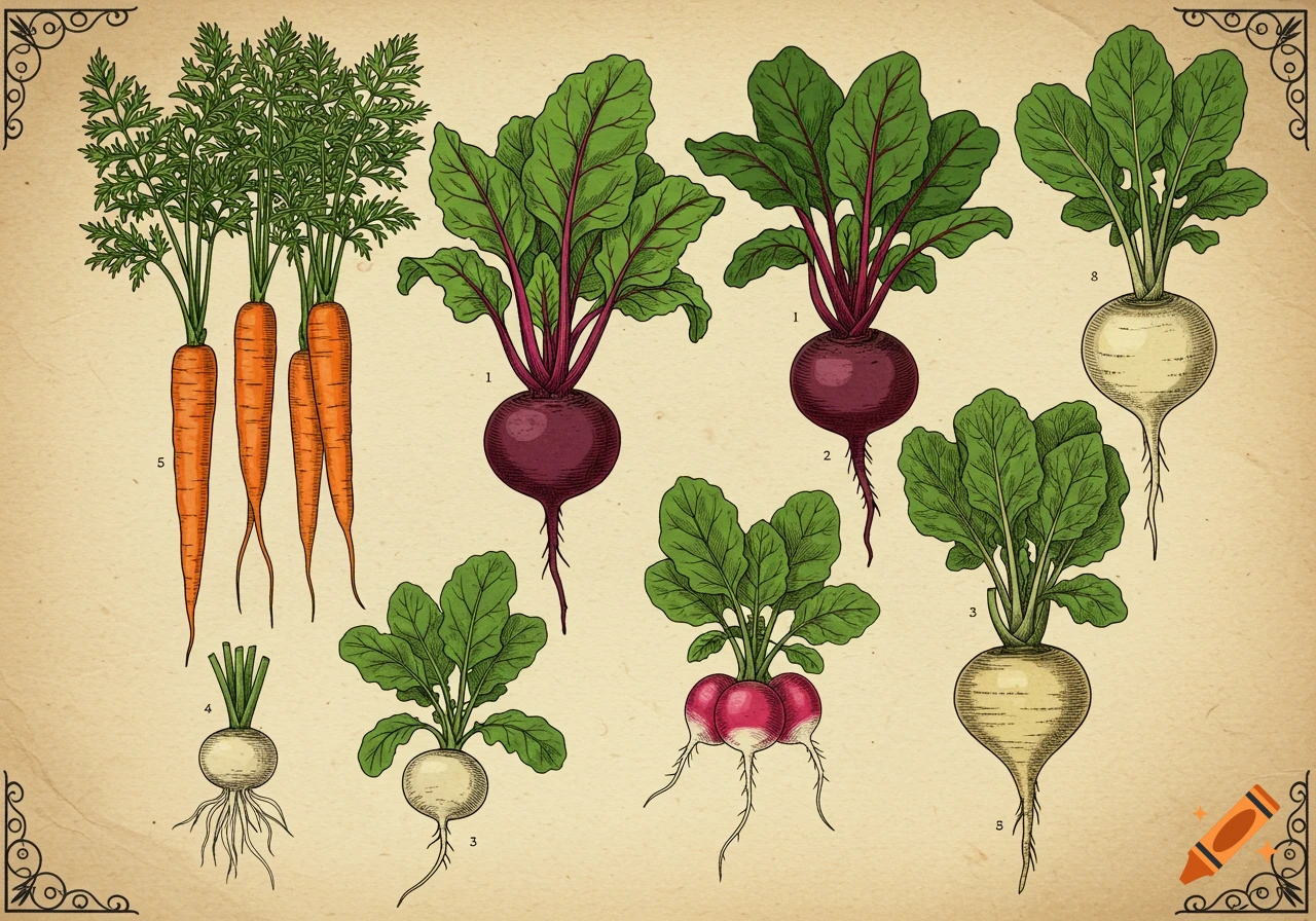 Vintage botanical illustration of various root vegetables including carrots, beets, radishes, and turnips on aged parchment paper.