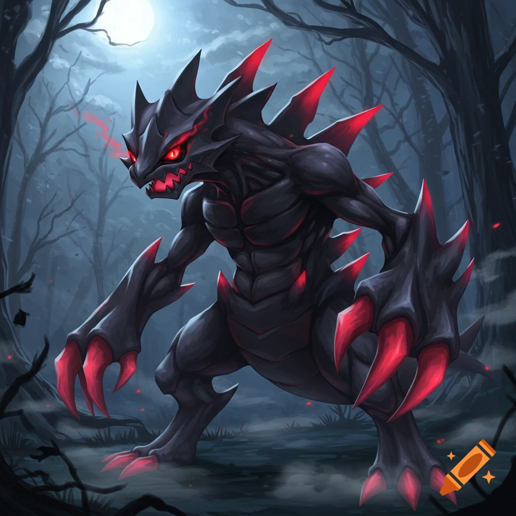 A dark, spiky monster with glowing red eyes and claws stands in a misty, moonlit forest, digital art style.