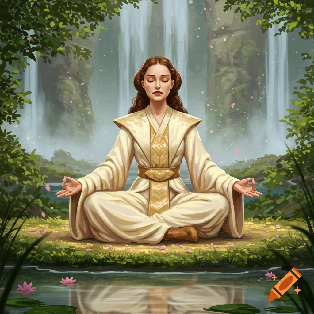 A woman resembling Padmé Amidala in a cream robe meditates in a lotus pose by a pond, surrounded by waterfalls and a lush forest, digital art.