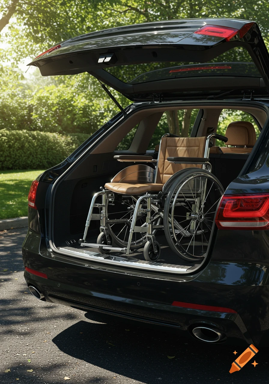 A dark car with its trunk open, revealing a brown wheelchair inside, parked outdoors among green trees.
