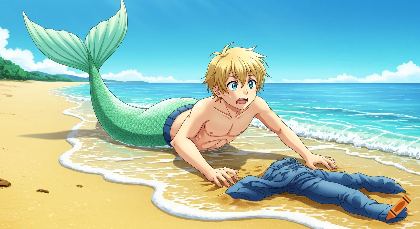 A blond male merman with a green tail crawls on a sandy beach, reaching for blue jeans by the ocean, anime style.