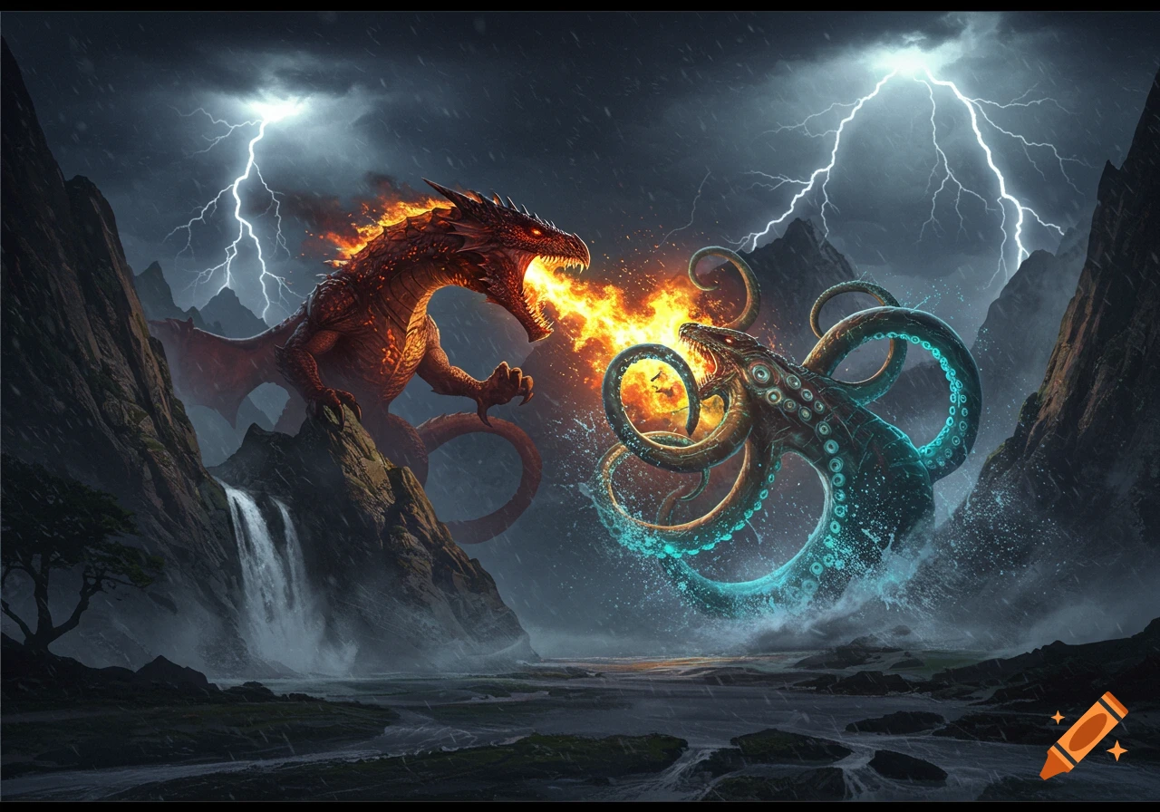 A fiery red dragon battles a teal glowing sea monster in a stormy, lightning-filled mountain landscape with a waterfall.