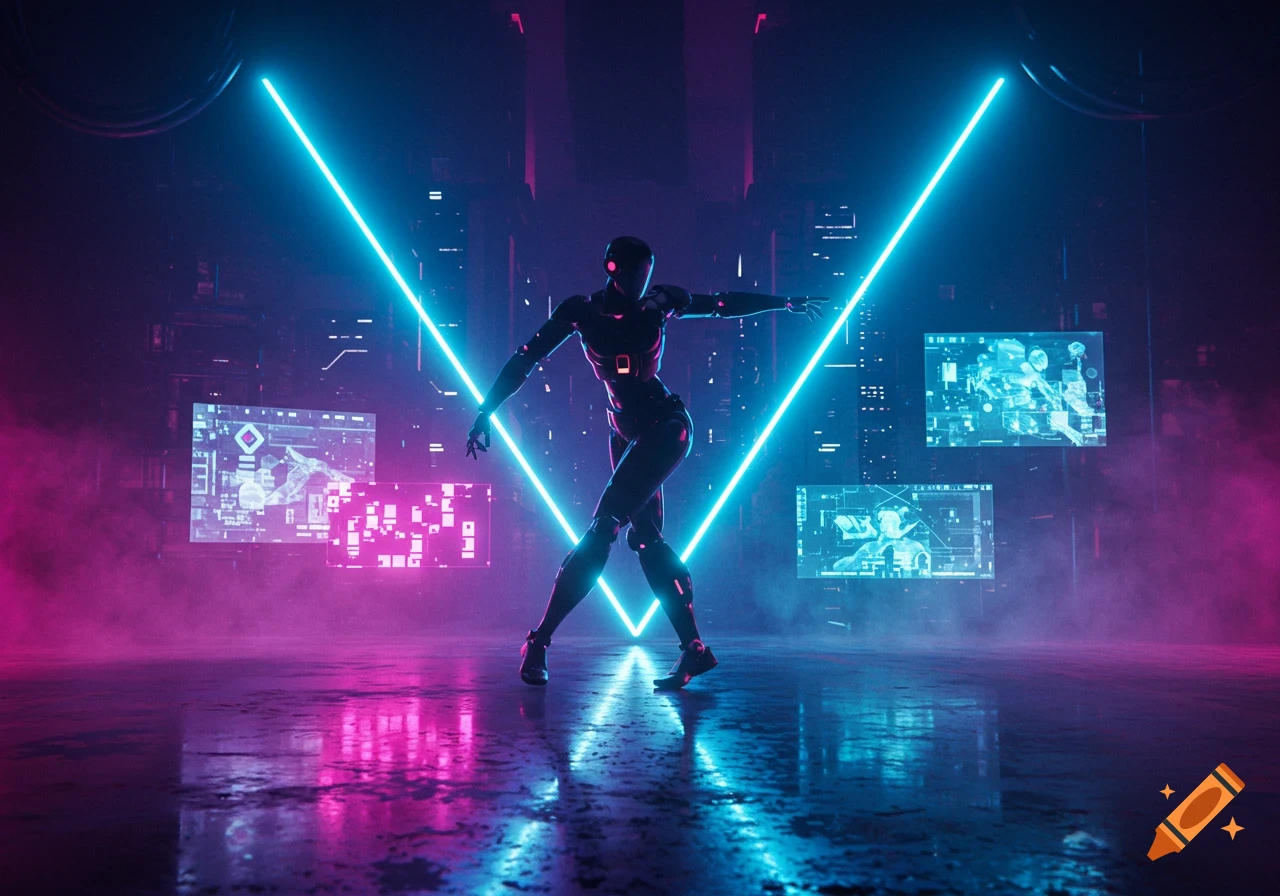 A sleek black robot dances between two glowing blue neon light beams in a dark, futuristic setting, lit by pink and blue light and data screens.