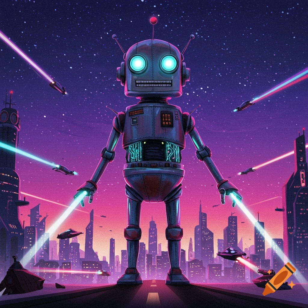 A large retro-style robot with glowing eyes and circuits stands on a road in a neon-lit futuristic city under a starry purple sky, with flying vehicles and laser beams.