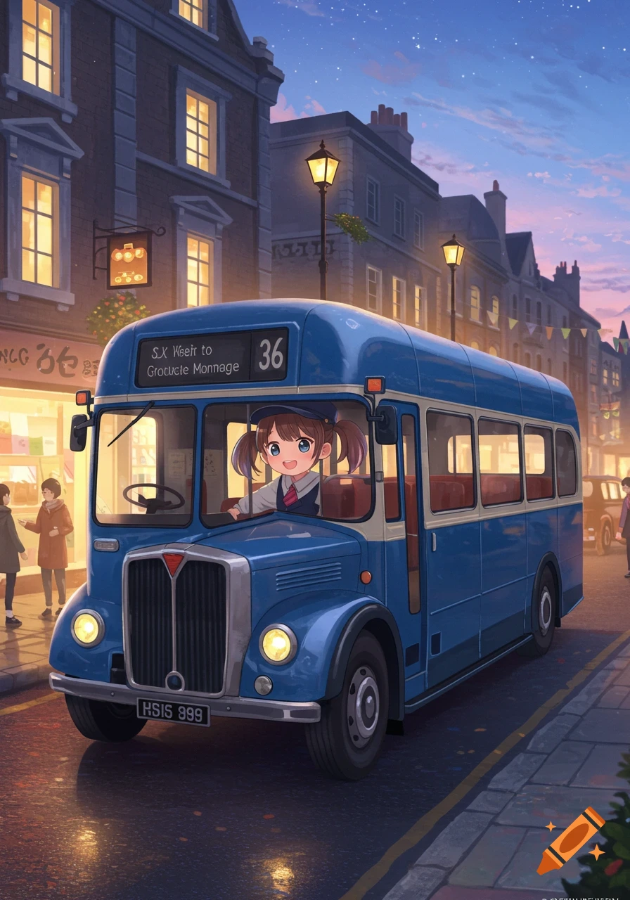 An anime girl with pigtails and a cap drives a vintage blue bus down a city street at dusk, with glowing streetlights and shops.