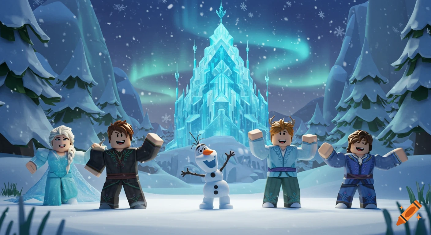 Roblox-style characters of Elsa, Kristoff (with antlers), Olaf, and others from Frozen stand in a snowy landscape with an ice castle and aurora.