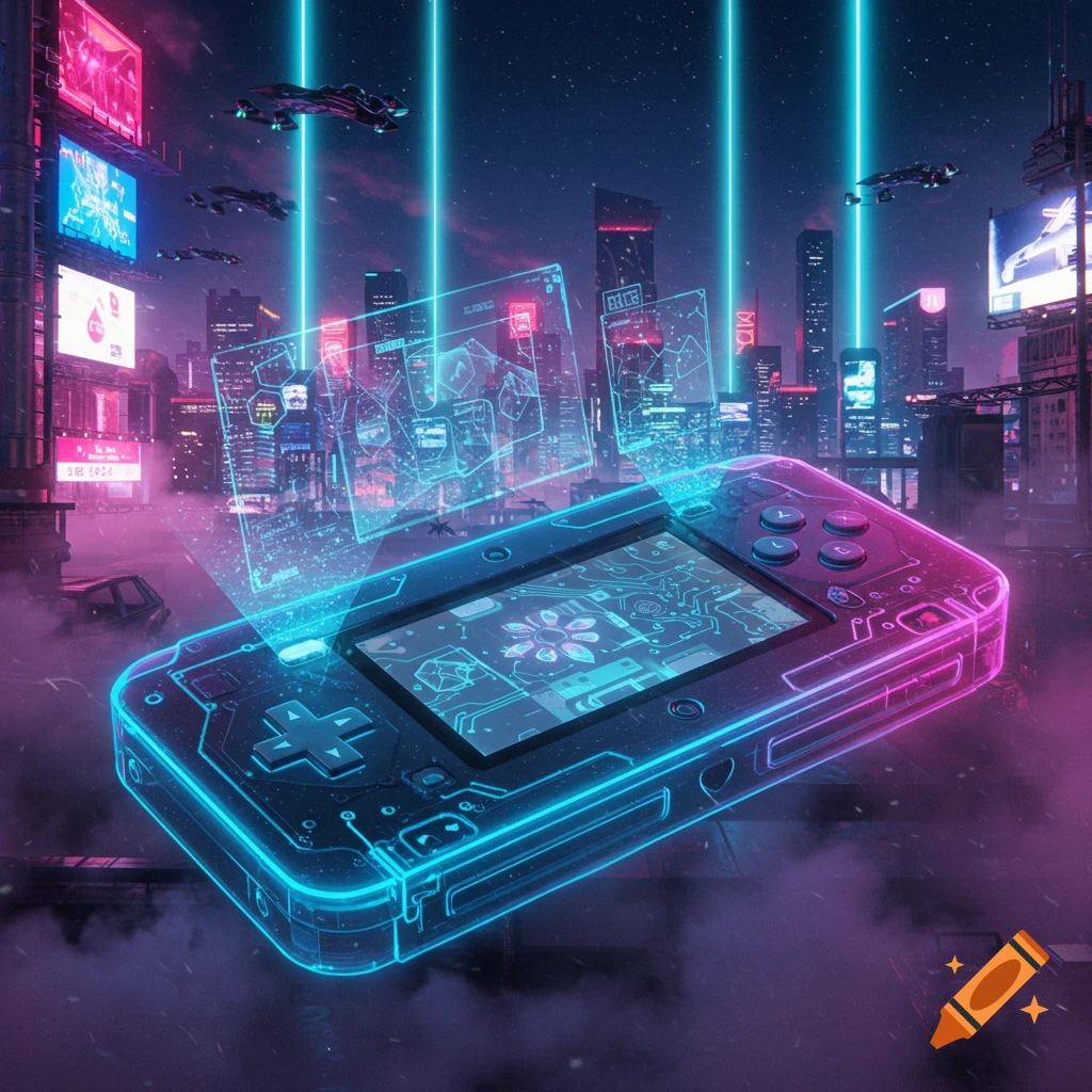 A glowing futuristic handheld gaming console floats above a neon-lit cyberpunk city at night with flying vehicles and holographic interfaces.