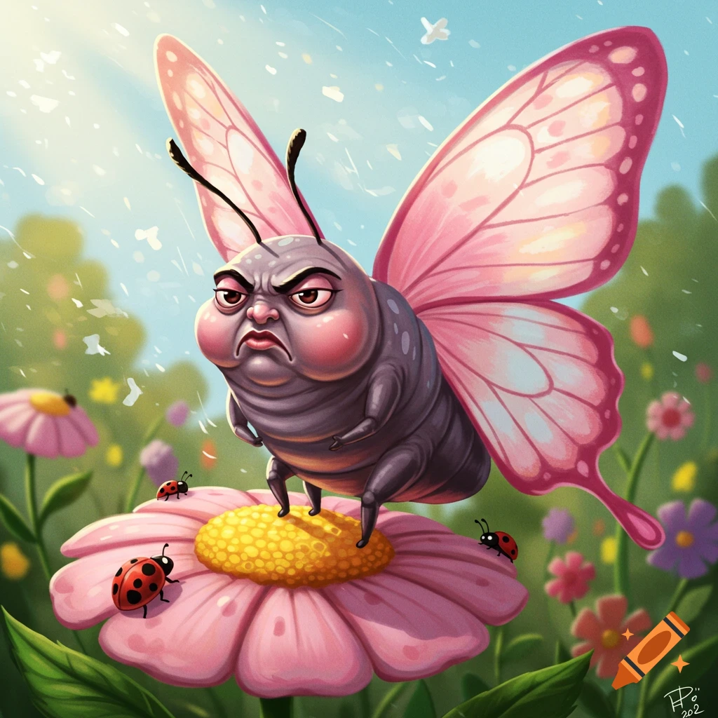 A grumpy, anthropomorphic butterfly with pink wings stands on a large pink and yellow flower with ladybugs in a sunny, cartoon garden.