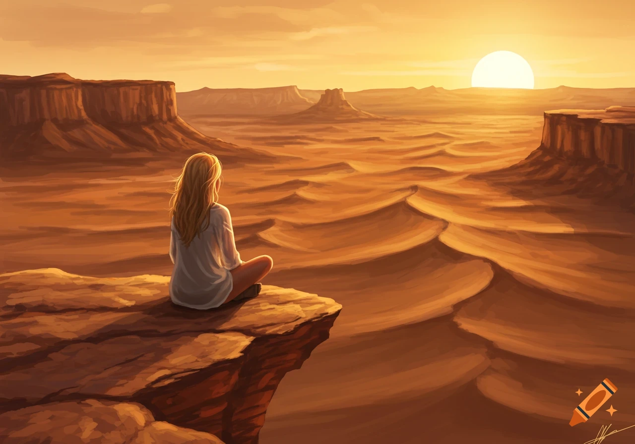 Digital painting of a blonde woman sitting on a cliff edge, overlooking a vast desert landscape at sunset.