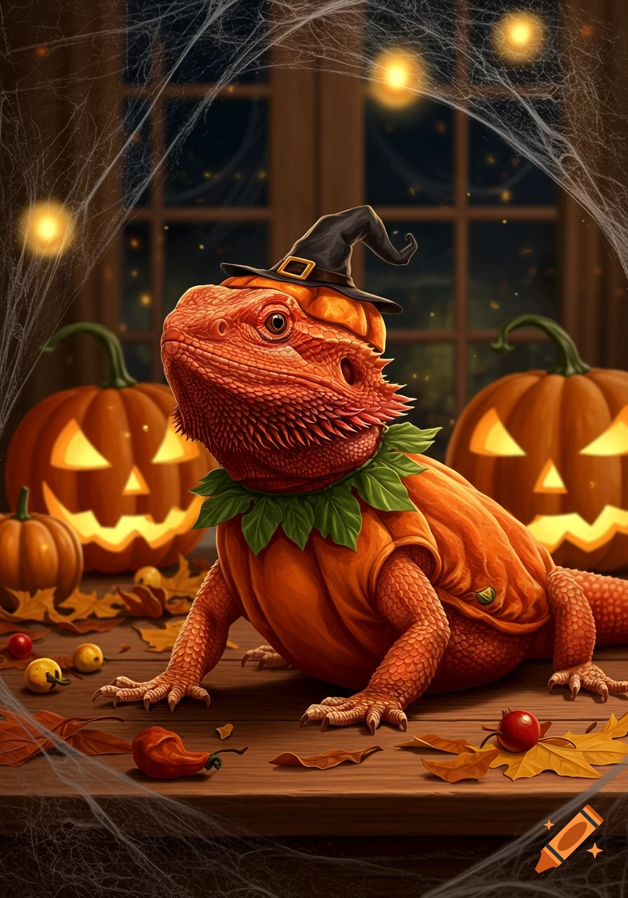 A red bearded dragon in a pumpkin costume with a witch hat and leaf collar, surrounded by Halloween pumpkins, leaves, and cobwebs.