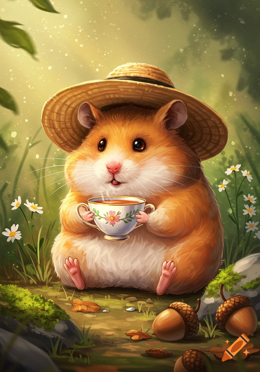 A cute hamster in a straw hat sips tea in a whimsical forest setting with acorns and daisies, digital illustration.