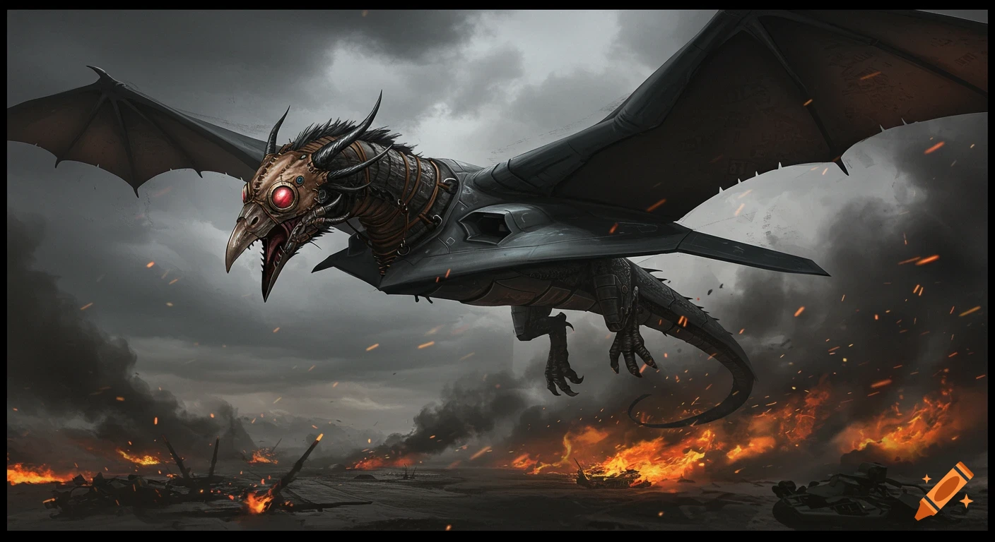 A mechanical dragon with bomber wings and a crow mask flies over a burning, stormy battlefield, in a dark fantasy dieselpunk style.