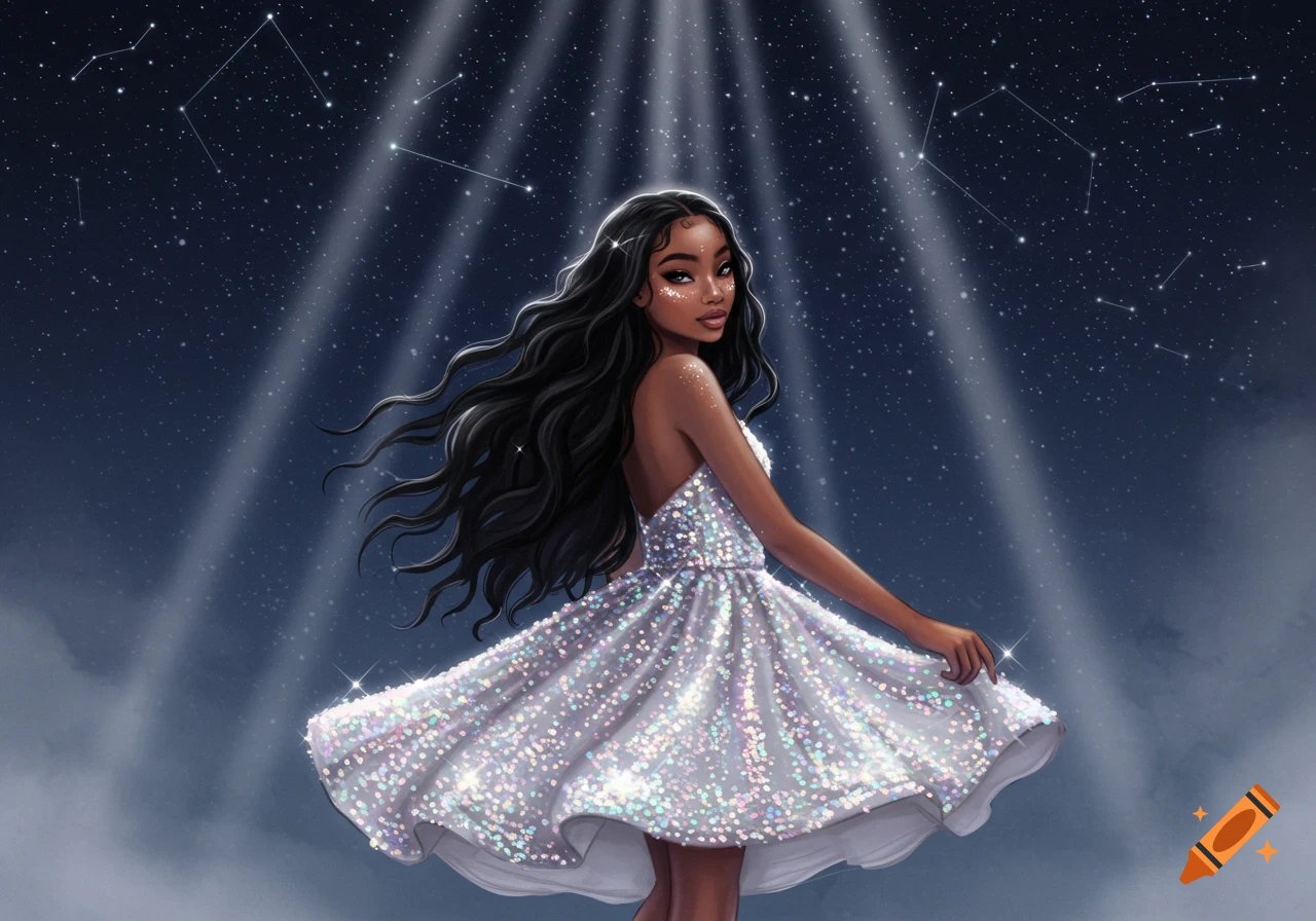 An illustrated girl with long black hair twirls in a sparkly dress under a starry night sky with spotlights and constellations.
