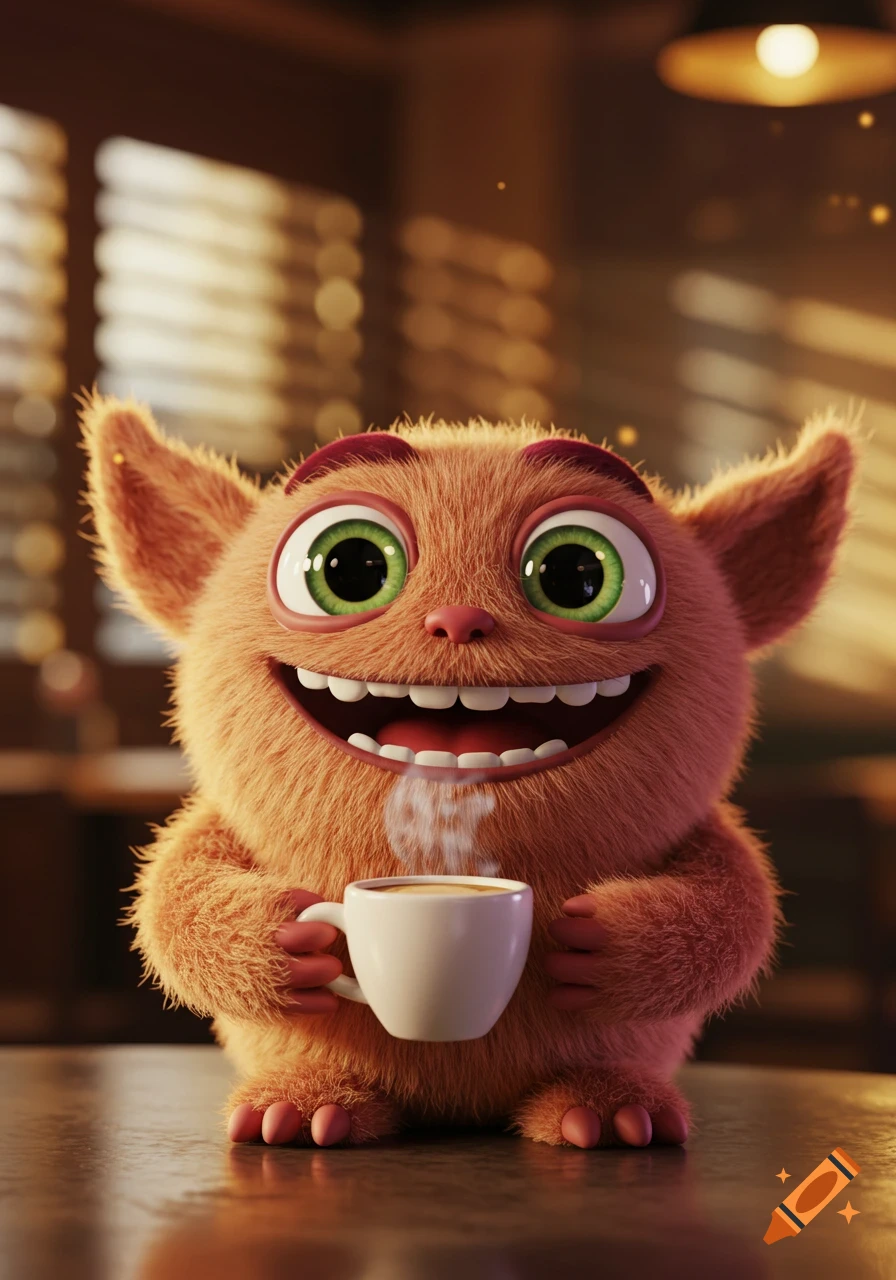A fluffy orange cartoon monster with big green eyes smiles broadly, holding a steaming white coffee cup in a warm, cozy setting.