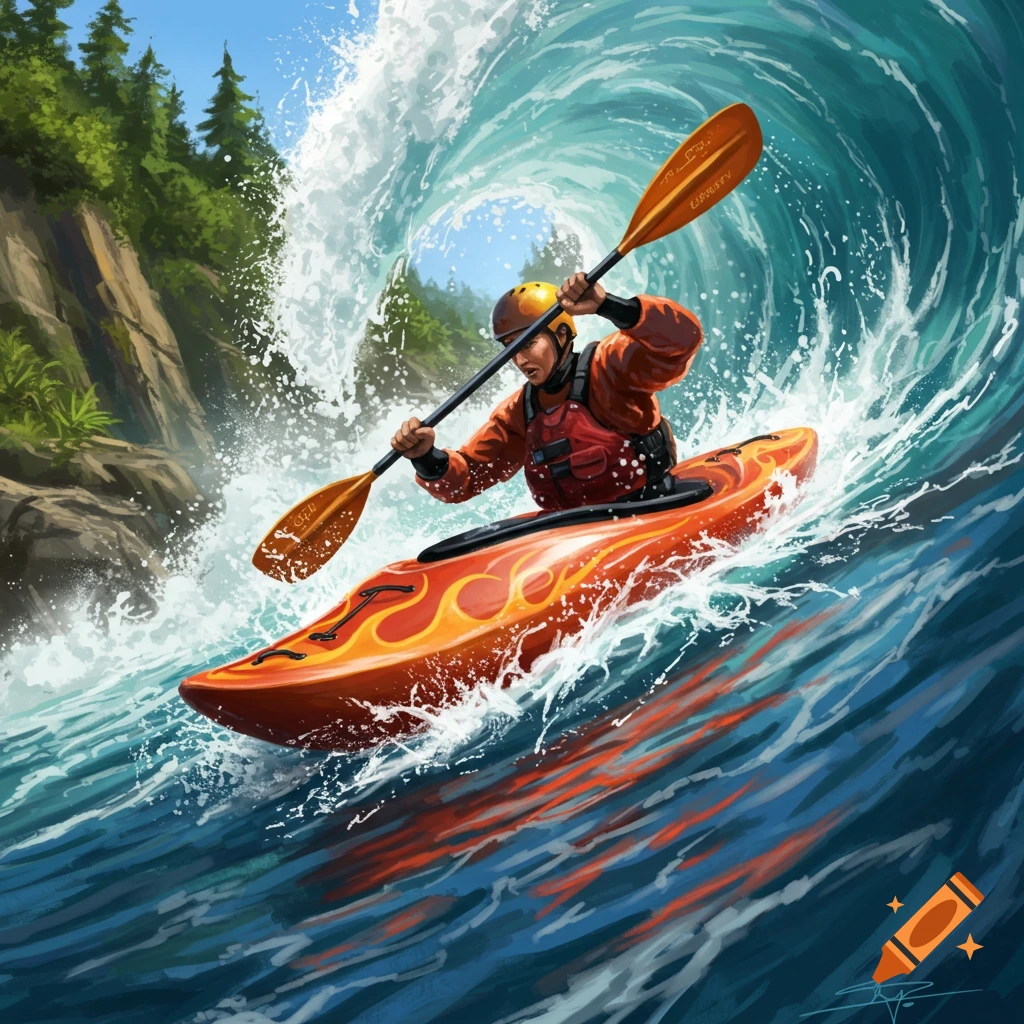 A kayaker in an orange kayak with flame decals paddles through a large, curling whitewater wave, with a forested cliff in the background. Digital painting.