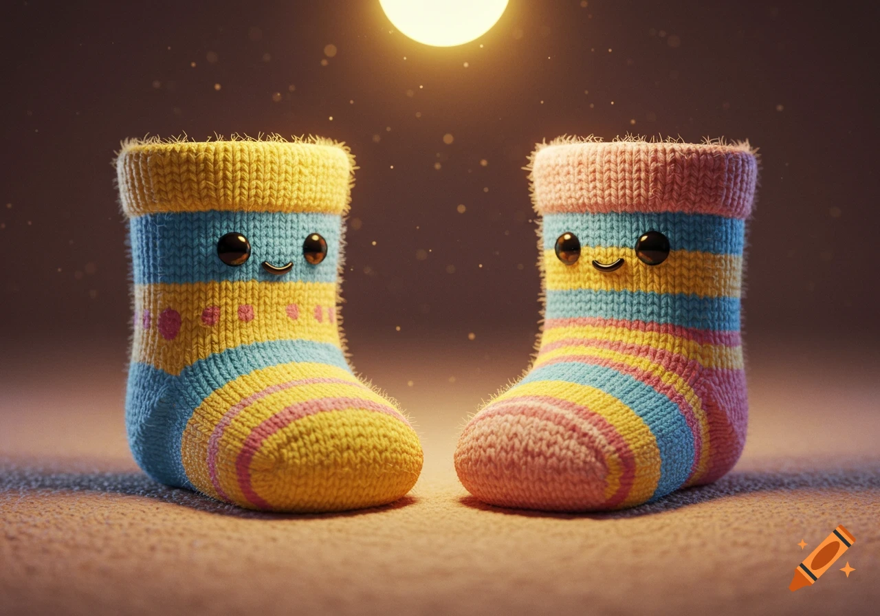 Two cute, striped knitted socks with cartoon faces stand on a soft surface under a warm glow.