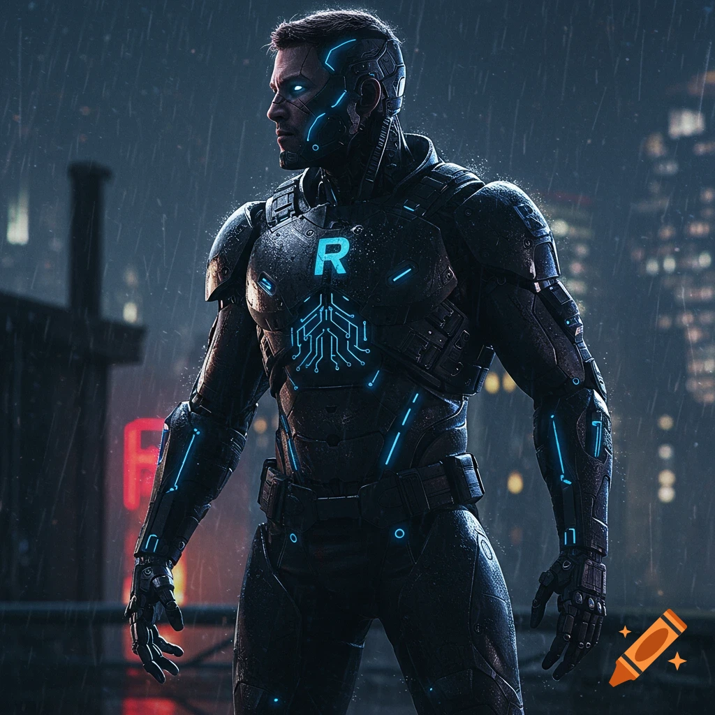 A photorealistic male superhero in black cybernetic armor with blue glowing elements and an R symbol on his chest stands on a rainy city rooftop at night.