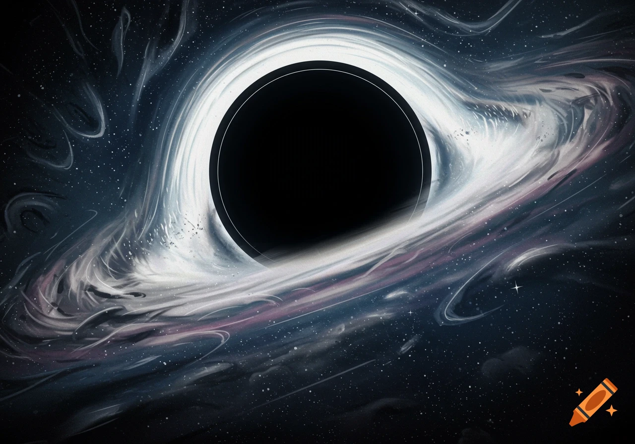 A stylized illustration of a black hole with a bright, swirling accretion disk against a dark, starry cosmic background.