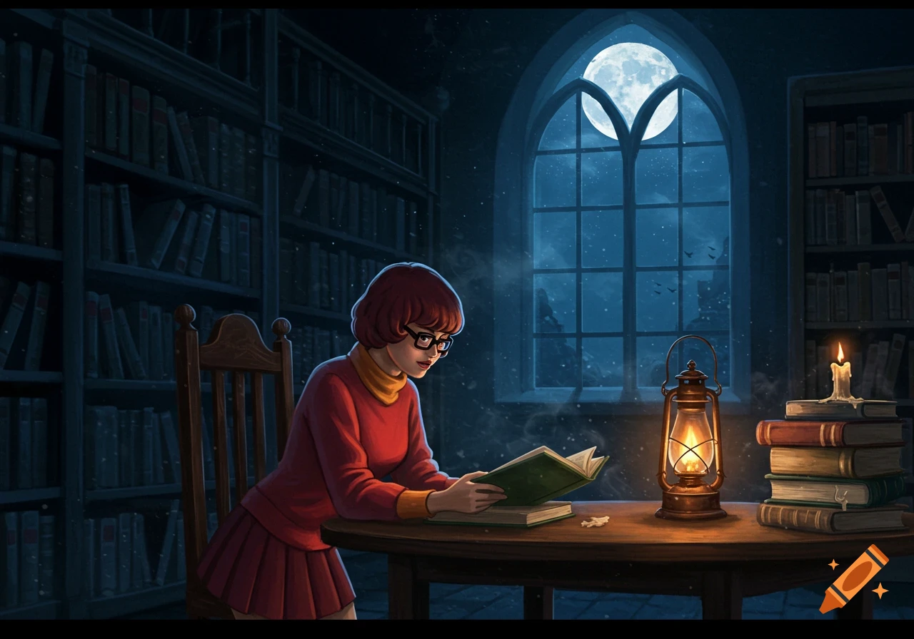 Velma from Scooby Doo reads a book by lantern light in a dark, atmospheric library with a full moon visible through a gothic window.