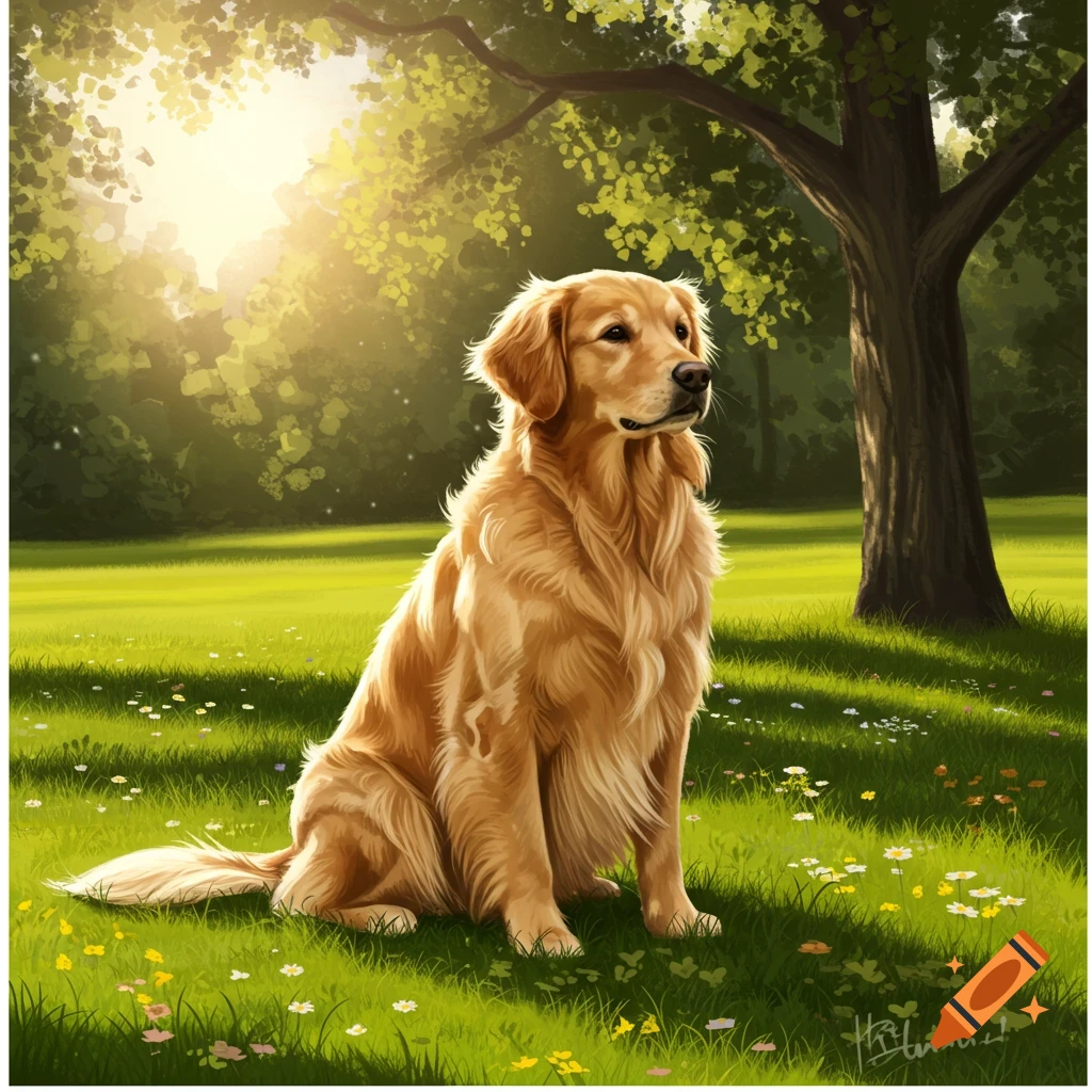 A beautiful Golden Retriever sits peacefully in a sunlit grassy park amidst wildflowers and trees, digital art style.
