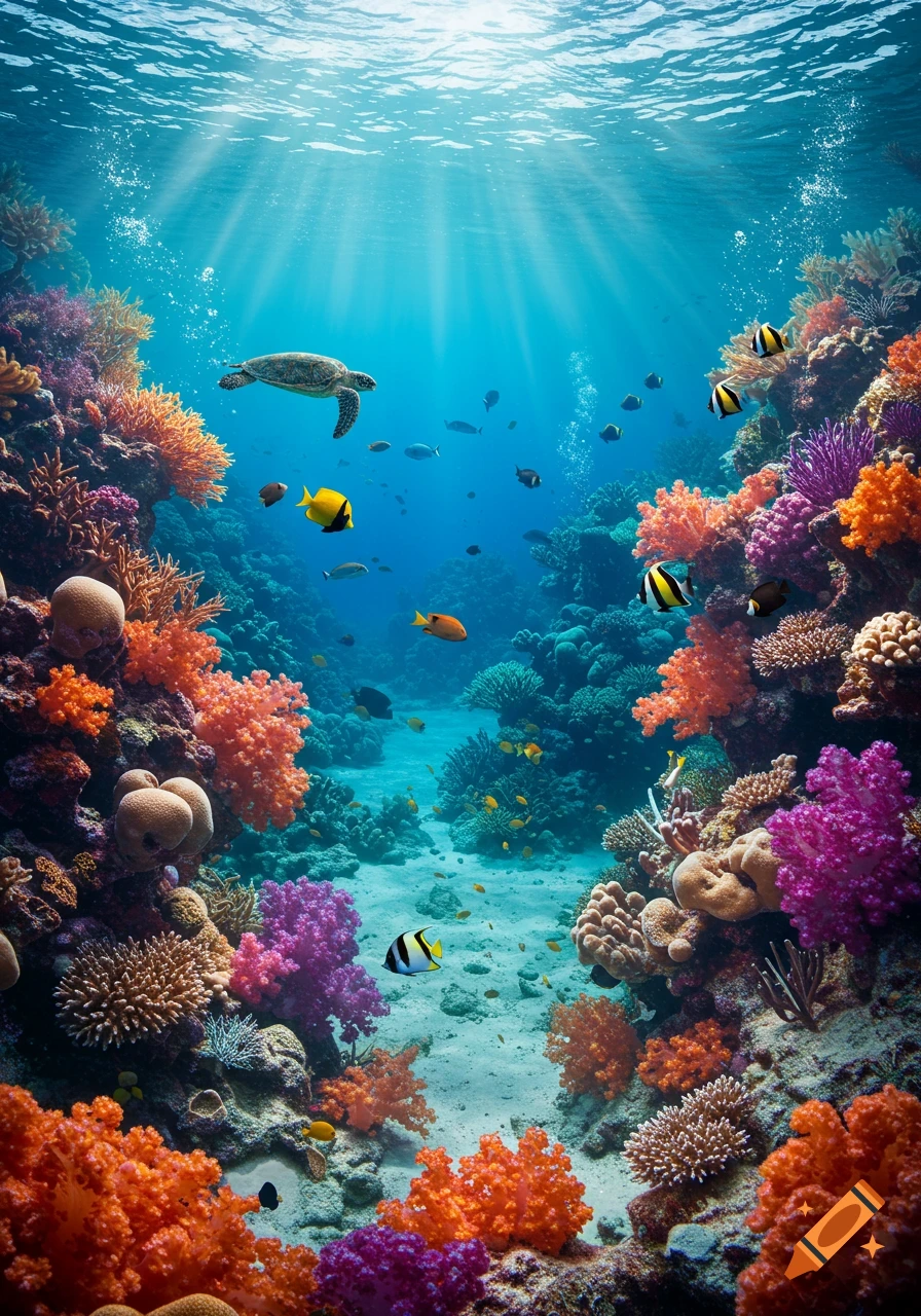 Vibrant underwater scene with a sea turtle, colorful coral reef, and various tropical fish swimming.