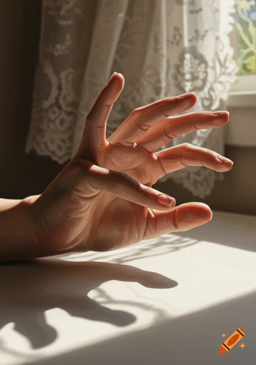 A realistic painting of a human hand bathed in sunlight, resting on a white surface with shadows, a lace curtain in the background.