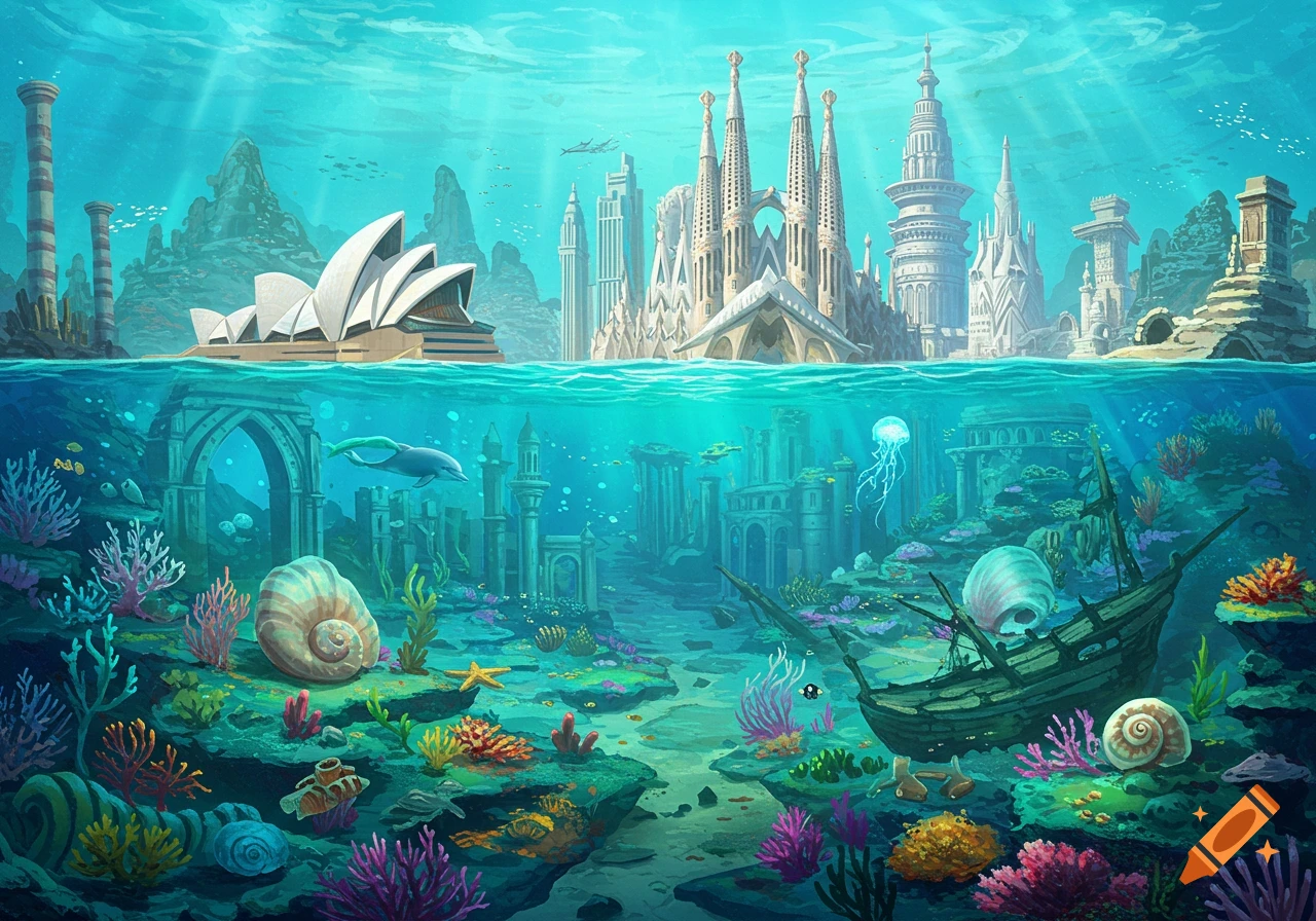 An illustration of an underwater cityscape with famous landmarks like the Sydney Opera House and Sagrada Familia, vibrant coral, marine life, and ancient ruins.