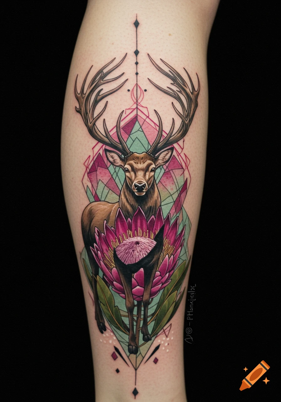 A vibrant tattoo on a leg depicts a deer with antlers, a pink King's protea flower, and green and pink geometric patterns.
