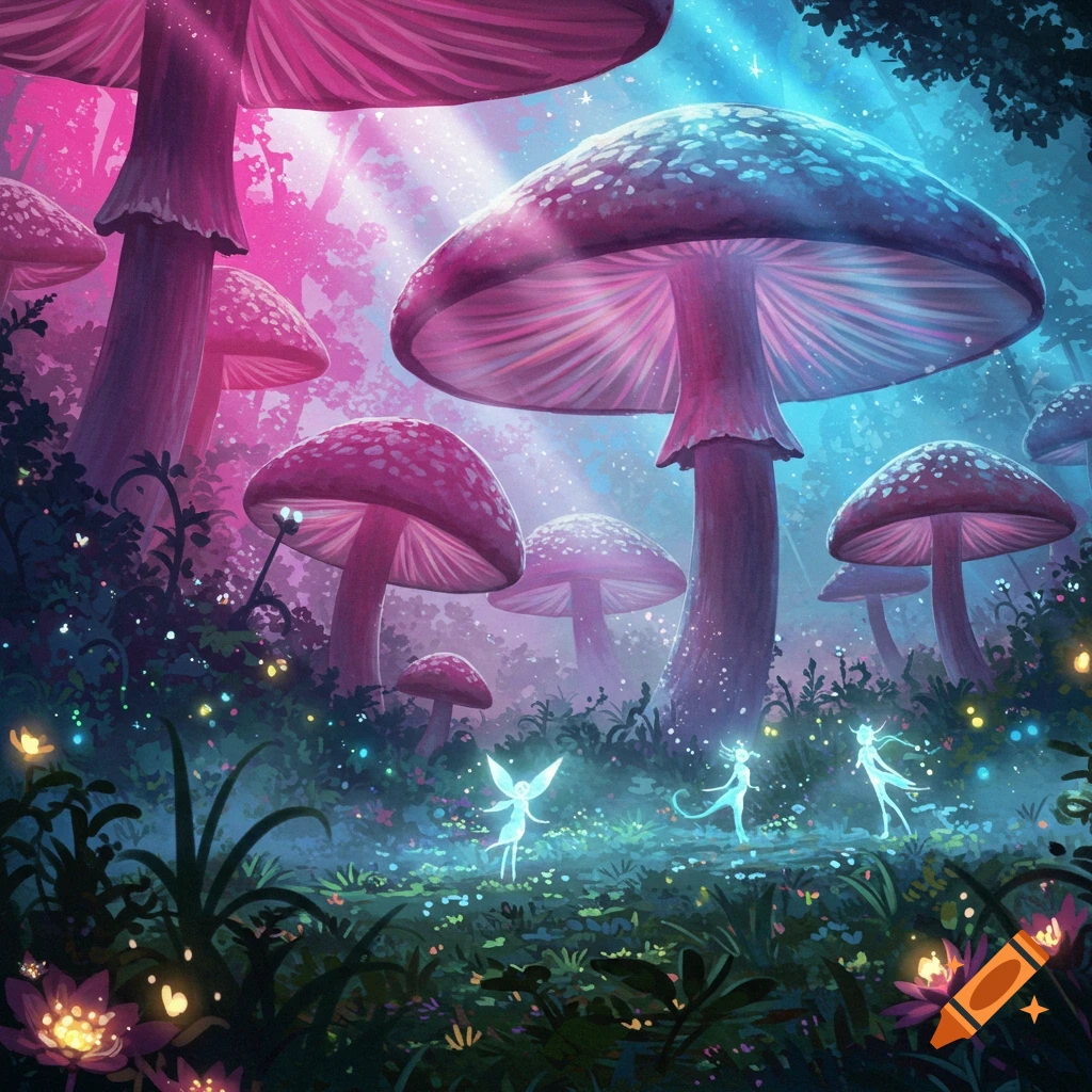 Vibrant fantasy art of a magical forest with giant glowing pink and purple mushrooms, and small, glowing fairies dancing on the forest floor.