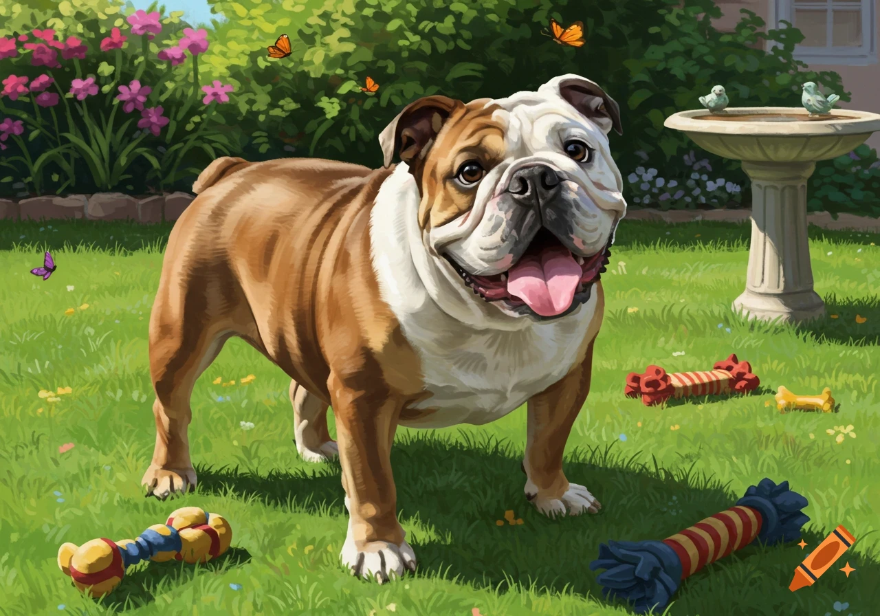 A brown and white bulldog stands in a lush green garden with flowers, butterflies, and dog toys, looking forward with its tongue out.