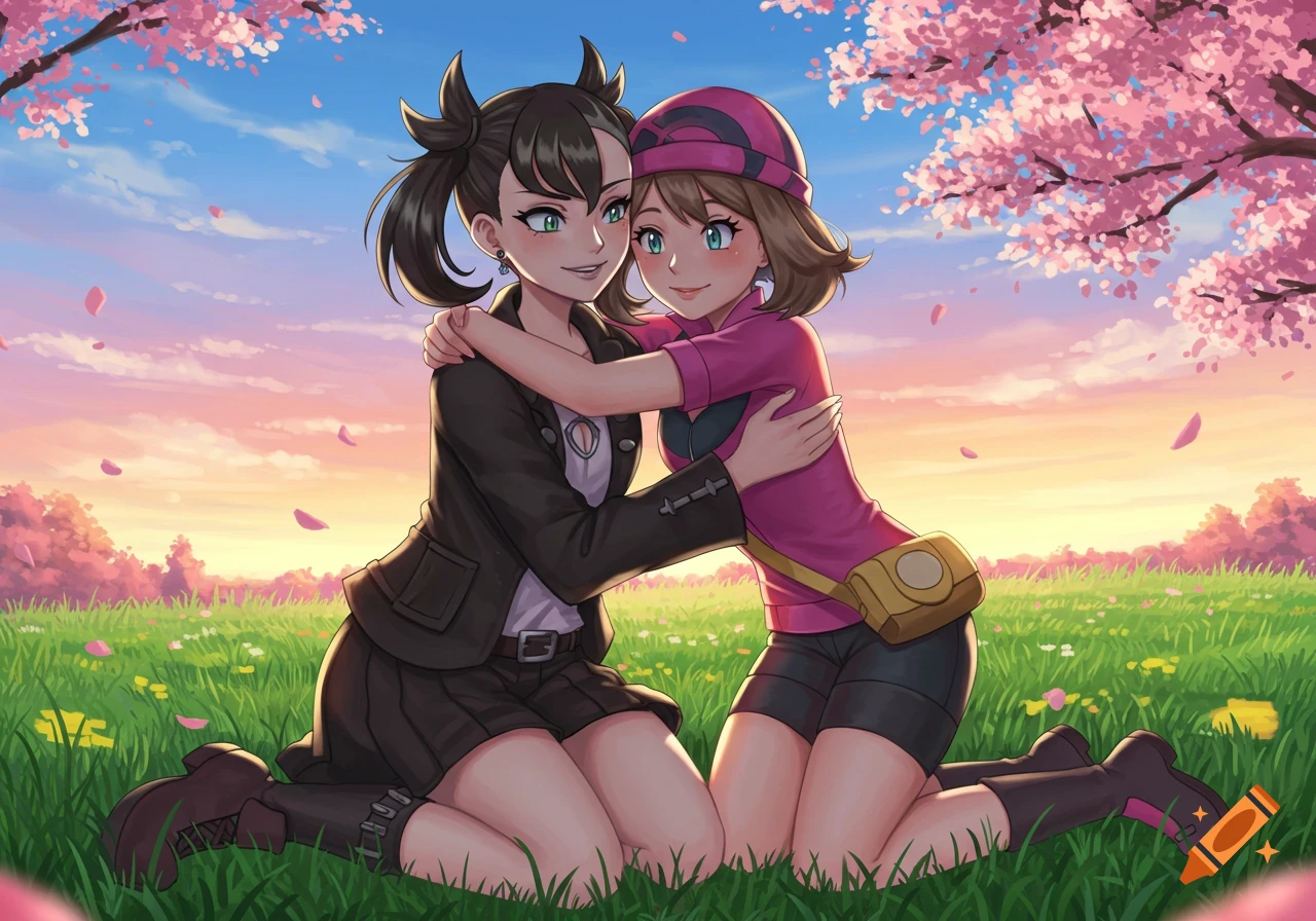 Two anime girls, Marnie and May from Pokémon, hug each other in a field under cherry blossom trees at sunset.