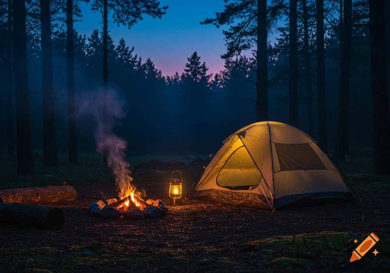 A lit tent, glowing lantern, and campfire illuminate a dark forest at dusk with tall trees under a twilight sky.