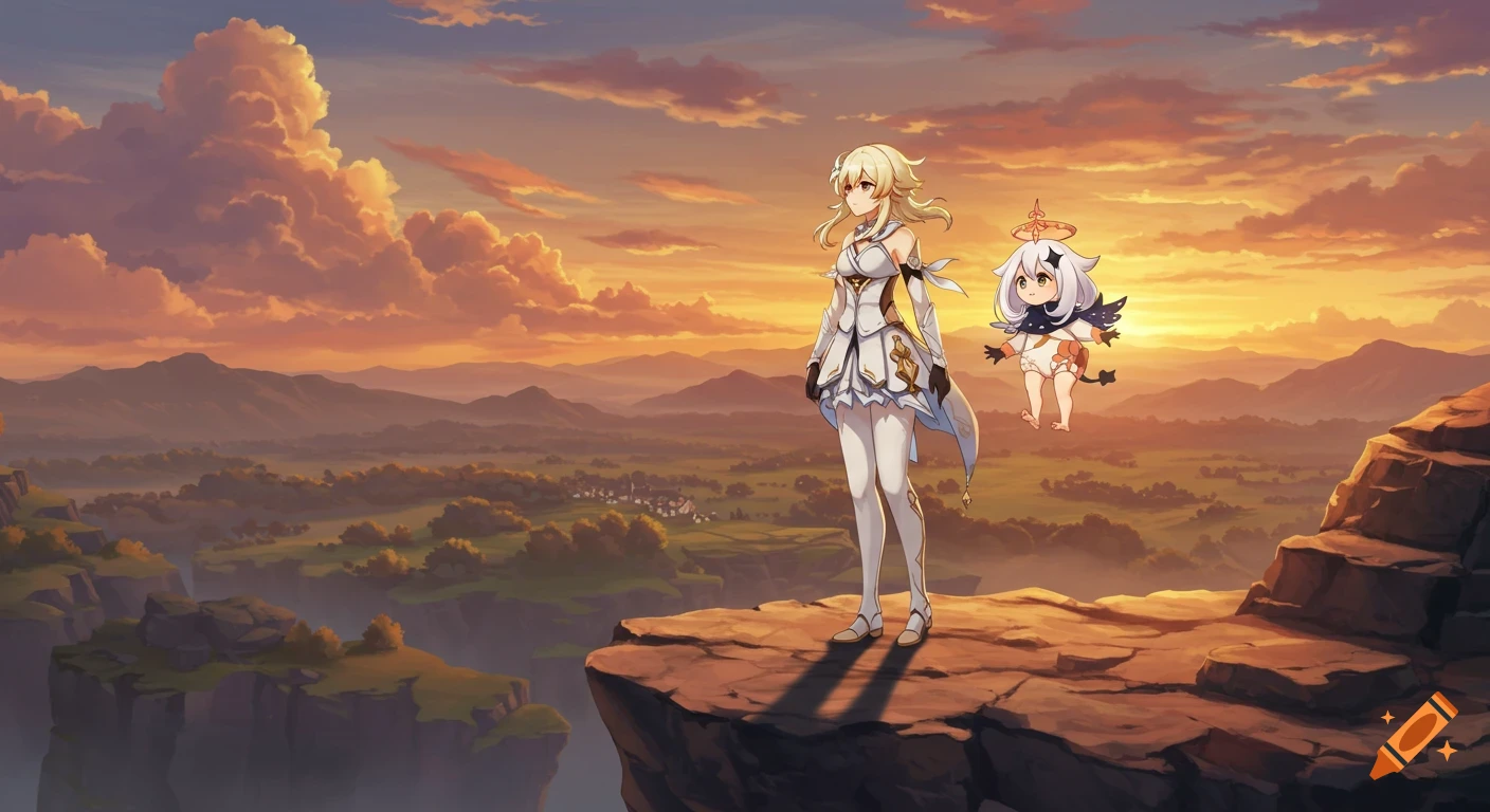 Anime characters Lumine and Paimon on a cliff overlooking a vast mountain landscape at sunset.