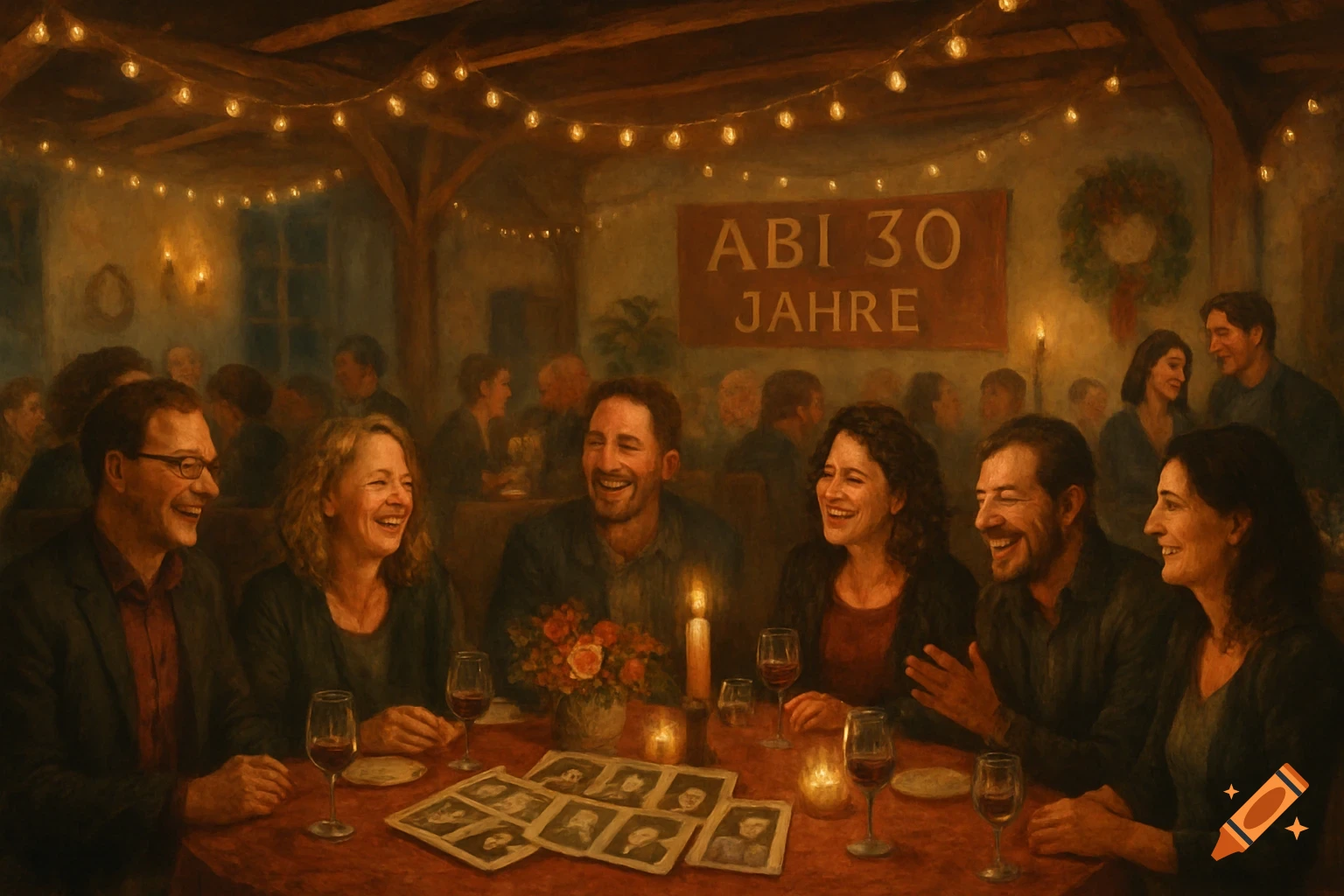 Painting of adults laughing at a reunion dinner in a warmly lit restaurant, with a banner saying 'ABI 30 JAHRE'.