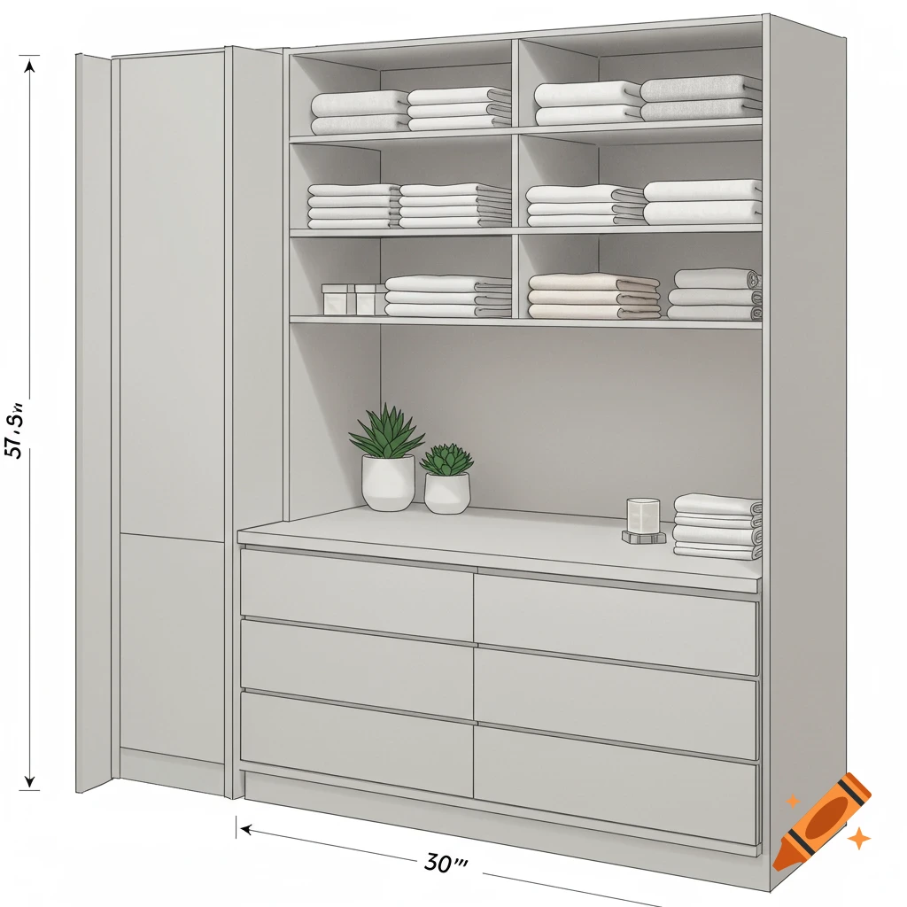 Architectural illustration of a light gray linen closet with shelves, folded linens, drawers, counter, and two potted plants.
