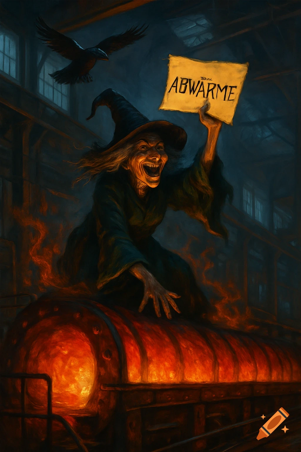 A cackling witch on a glowing industrial furnace holds a sign 'ABWÄRME', a raven flies above in a dark fantasy painting.