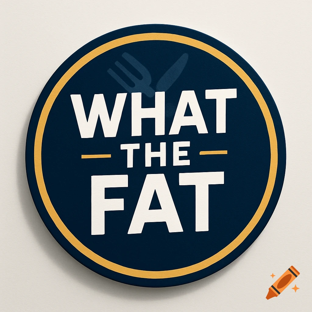 A circular dark blue logo with a yellow border and white text 'WHAT THE FAT', featuring a faint fork and knife icon.