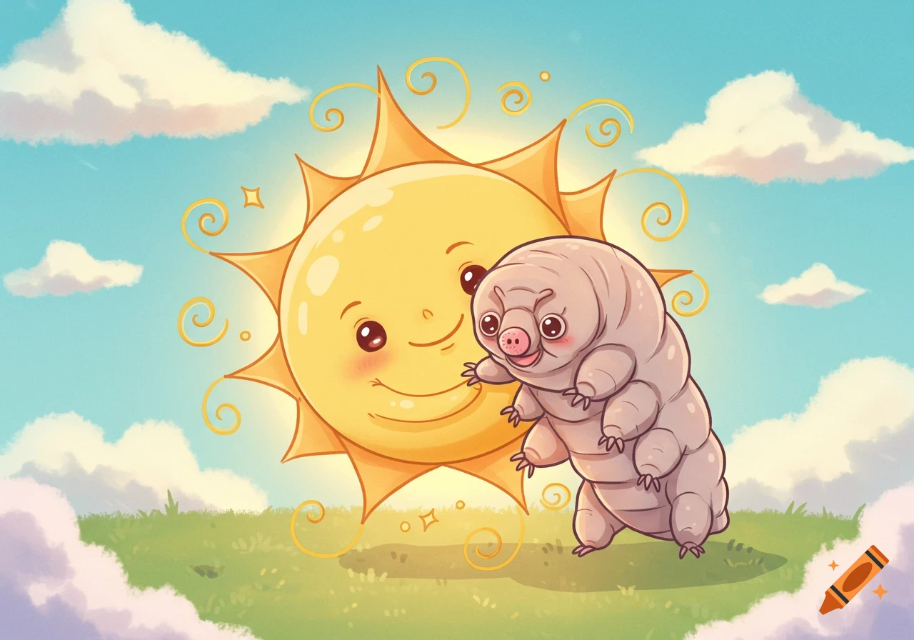 A cute cartoon tardigrade with a cheerful expression stands beside a smiling sun, under a bright blue sky with clouds and green grass.