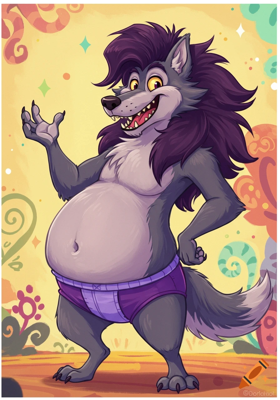 A cartoon wolf with purple hair, a large belly, and purple underwear smiles broadly, standing on a whimsical, colorful background.