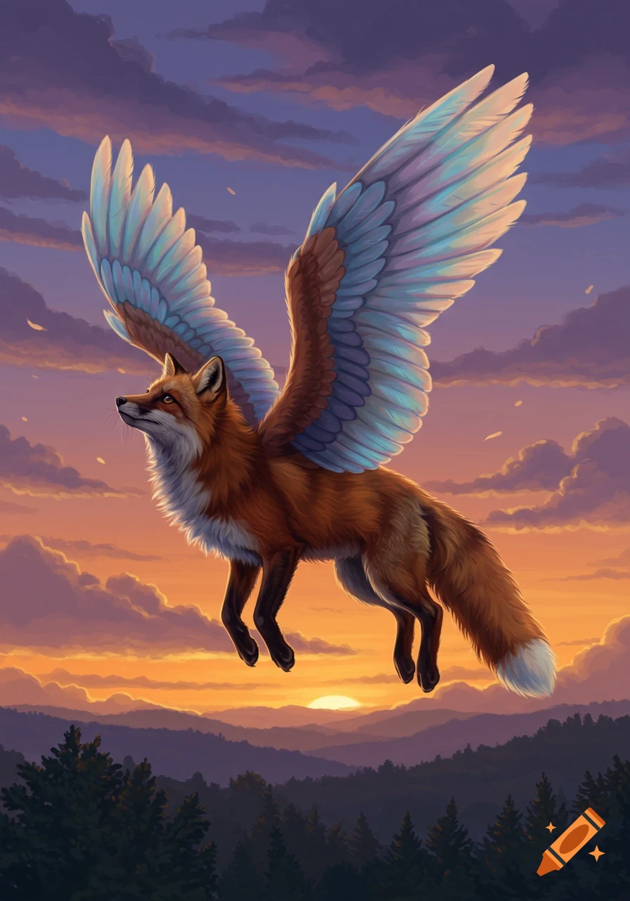 A majestic winged fox with brown fur and white accents soars through a vibrant sunset sky above a dark mountain range and forest.