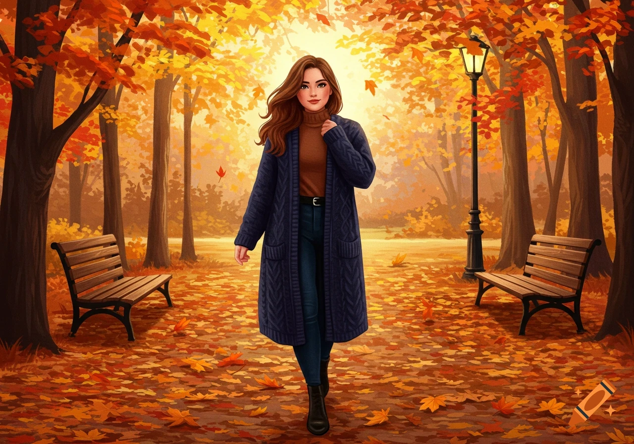 An illustrated woman in a navy cardigan and black boots walks through an autumn park filled with orange and yellow leaves.