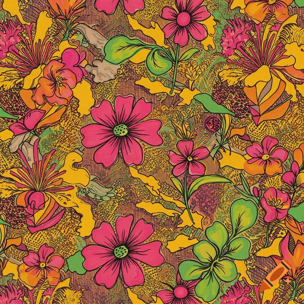 A seamless, vibrant floral pattern with pink, orange, yellow, and green flowers and leaves on a textured, warm-toned background.