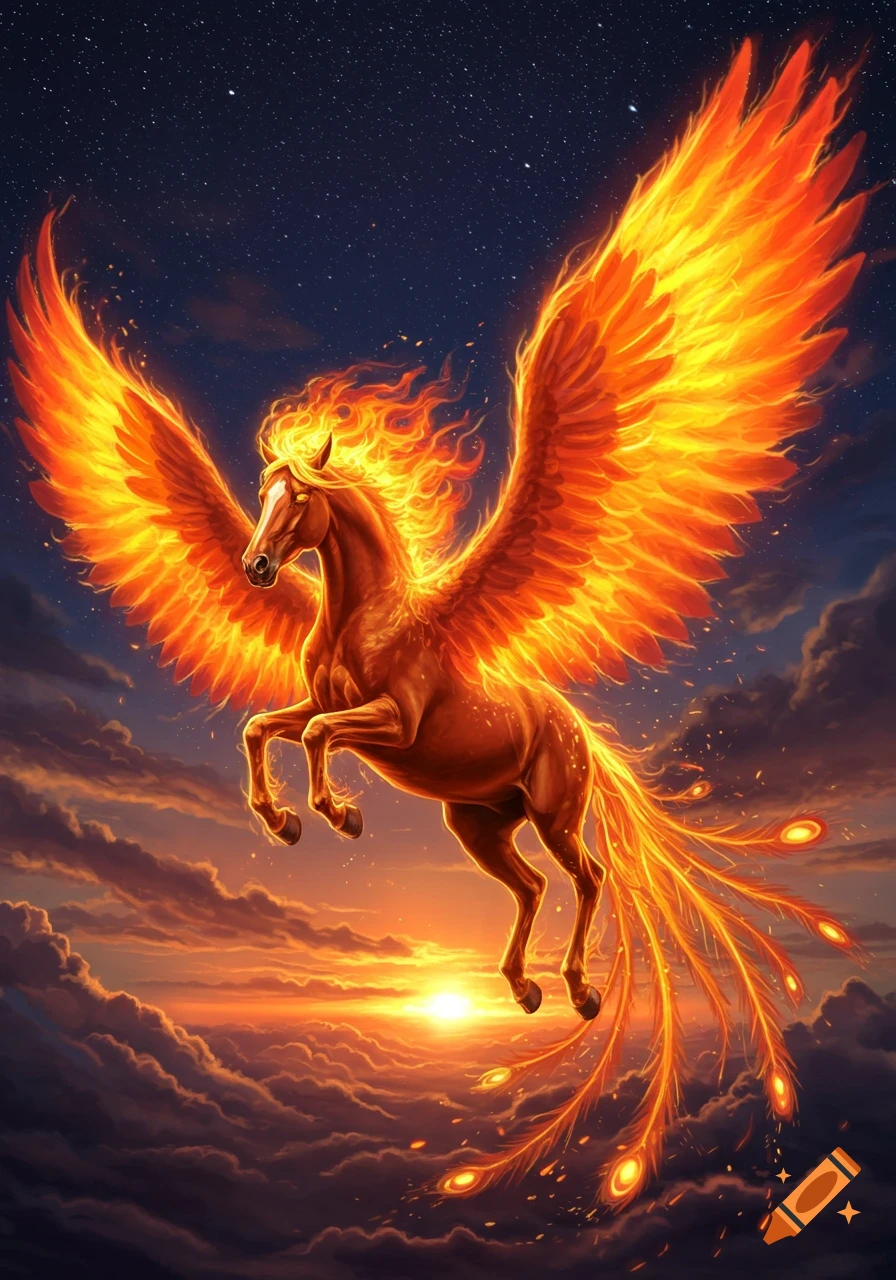 A majestic fiery horse with phoenix wings and tail soars in a starry night sky above a glowing sunset and clouds.