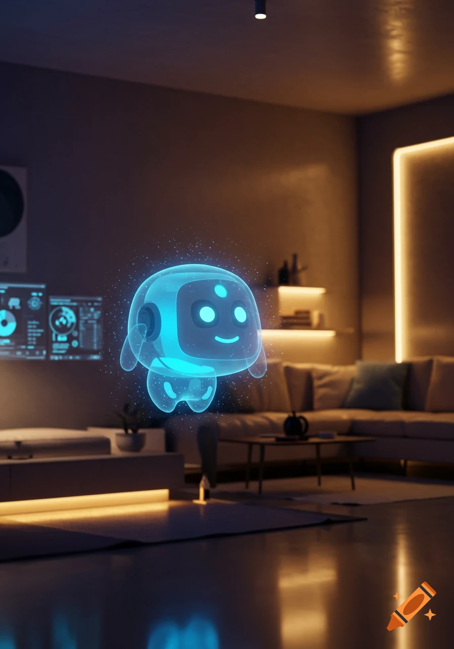 A translucent blue glowing AI character floats in a modern, dimly lit living room with glowing screens and furniture.