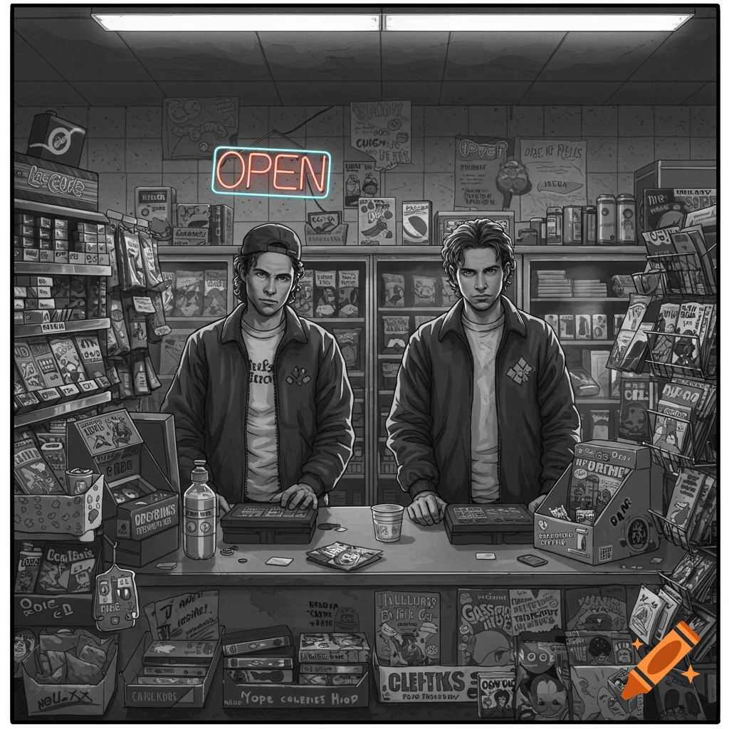 Grayscale comic book style illustration of two men behind a counter in a convenience store with an "OPEN" neon sign.