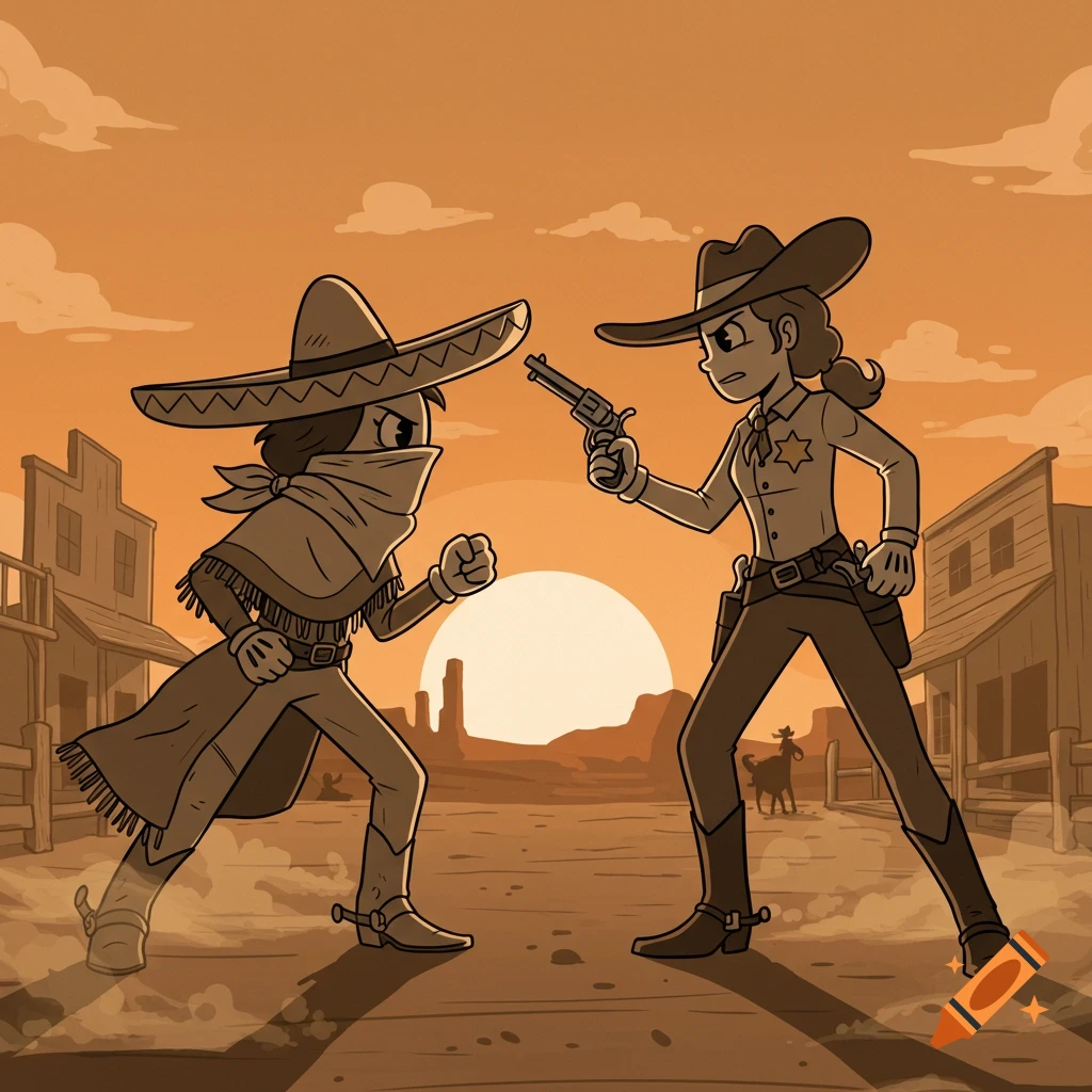 Two rubberhose 1930s cartoon cowgirls, an outlaw and a sheriff, face off in a dusty Western town at sunset.