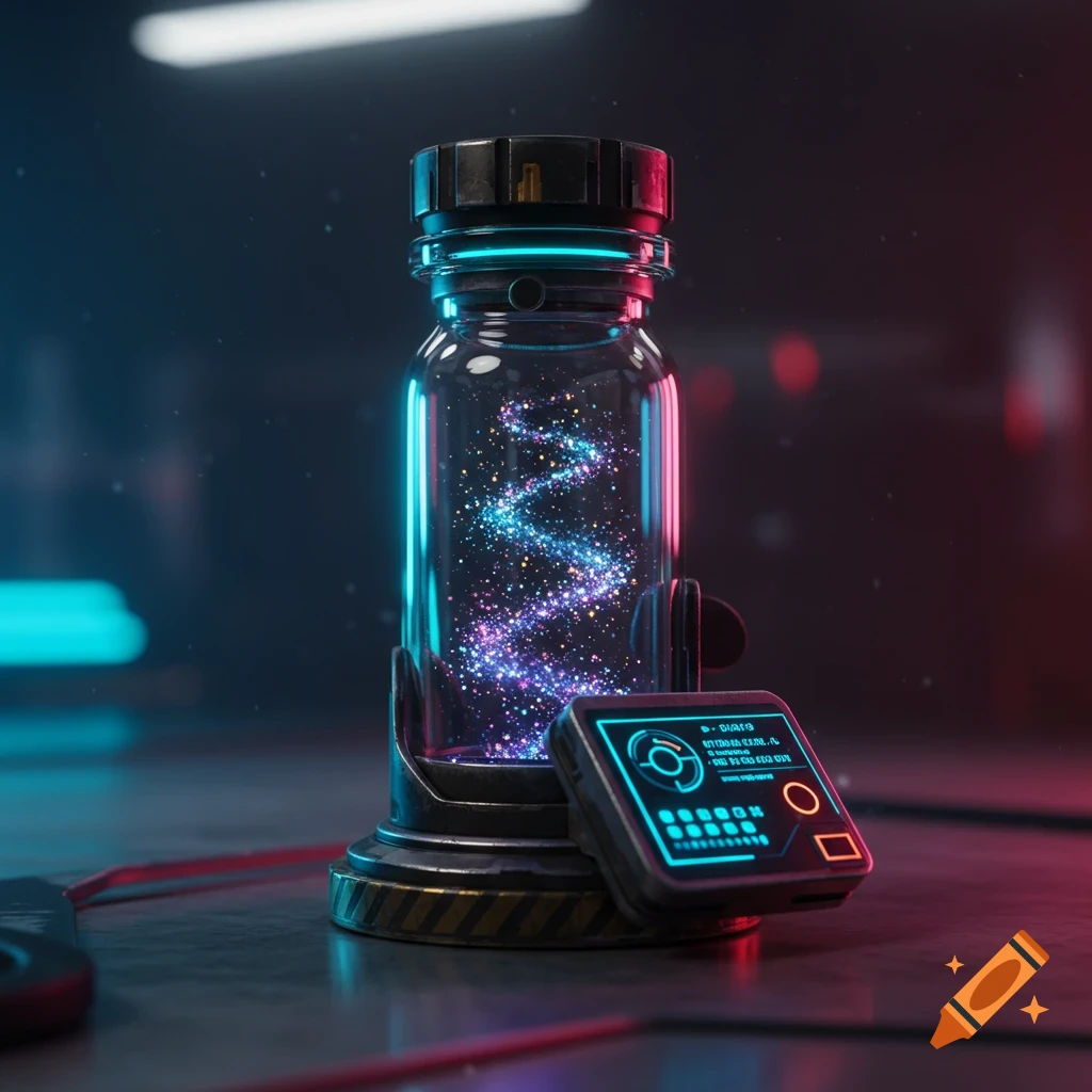 A glowing vial filled with swirling blue and pink particles, next to a digital device with a neon blue screen, in a futuristic setting.