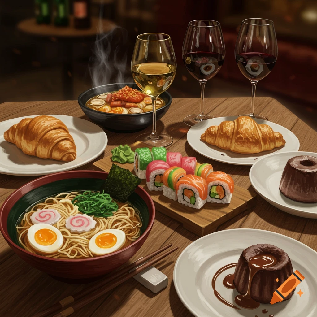 A close-up shot of a dining table laden with various dishes including ramen, sushi, croissants, chocolate lava cakes, and wine.
