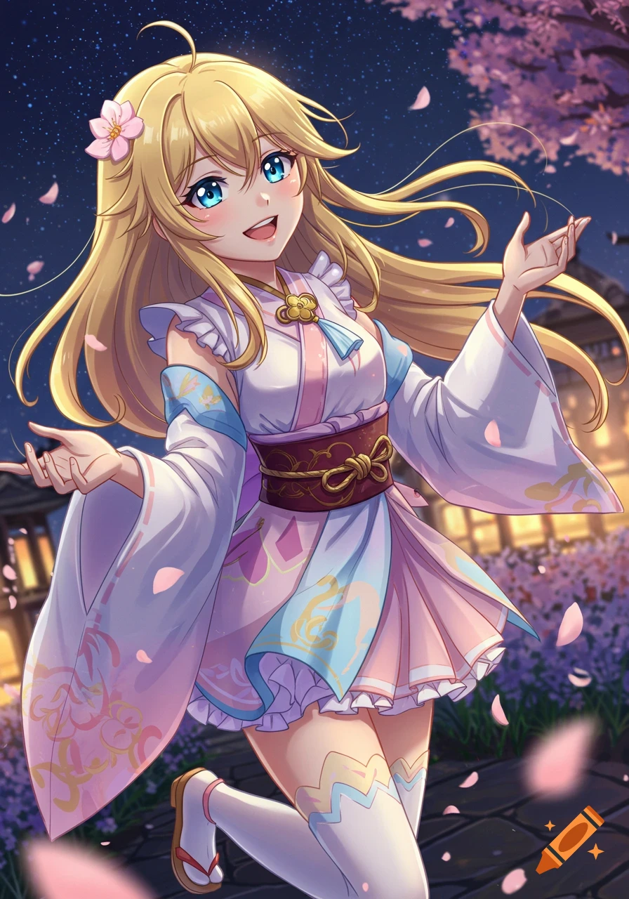 An anime girl with long blonde hair and blue eyes, wearing a pink and white kimono-style dress, smiles under falling cherry blossoms at dusk.